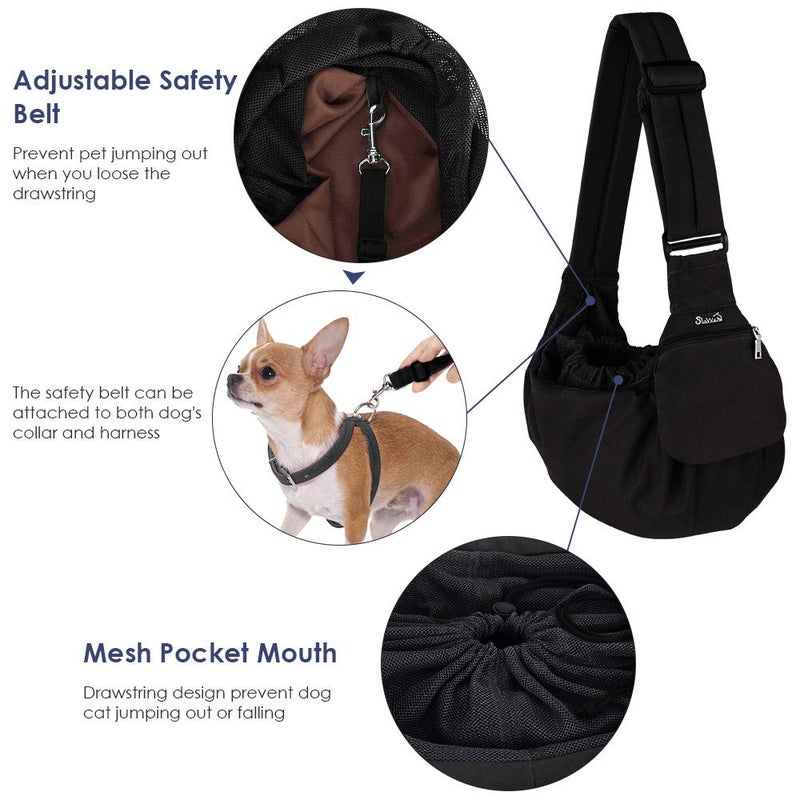 Lukovee Dog Sling Carrier, Hard Bottom Support & Adjustable Soft Padded Shoudler Strap Dog Slings for Small Dogs, Dog Purse with Drawstring Mesh Opening & Zipper Pockets for Puppy Cat Pet (Black) - Image 3
